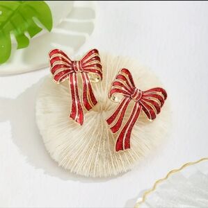 Christmas Red & Gold Bow Stud Earrings  High-Quality Alloy with Oil Drop Design